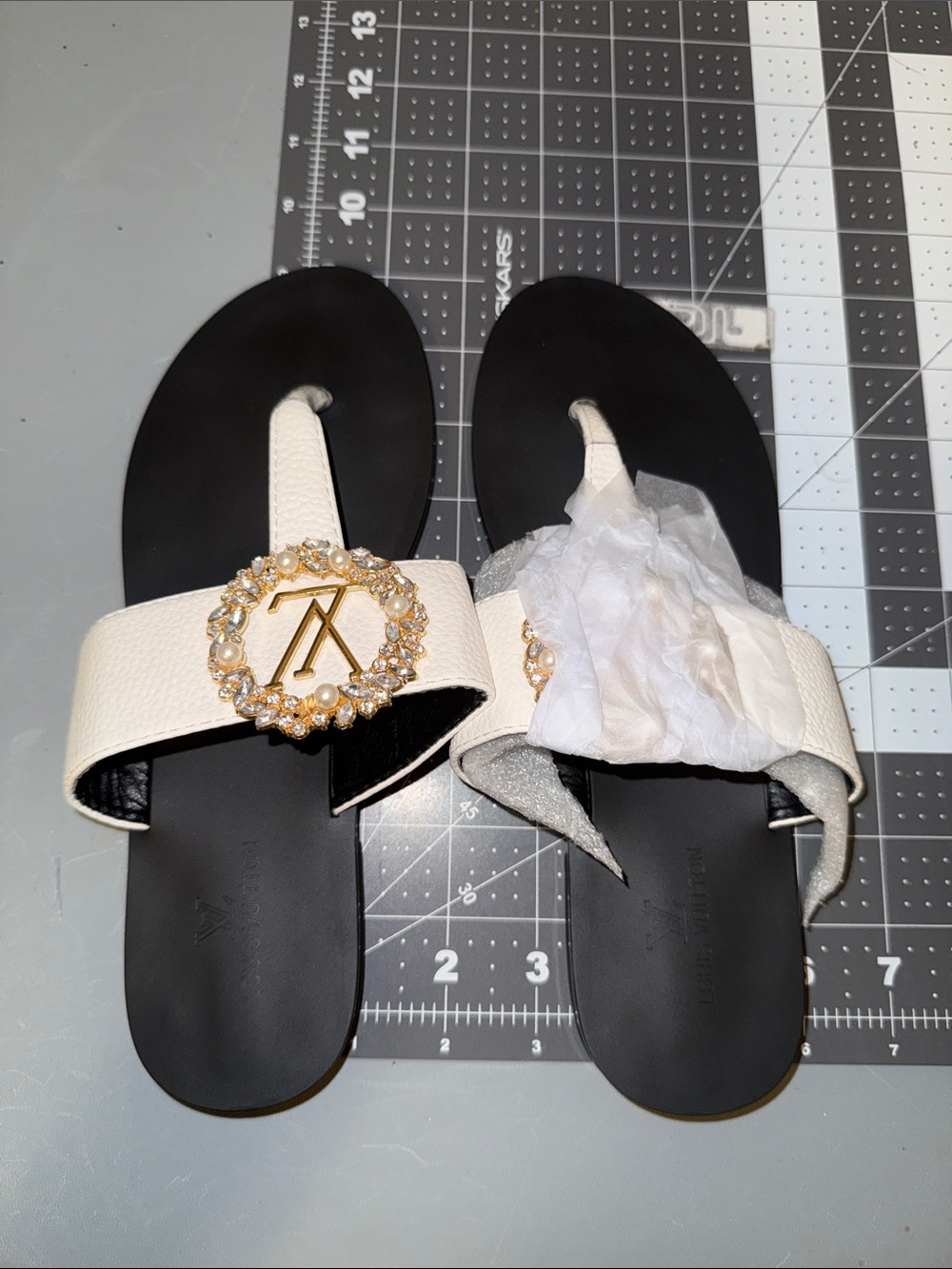 Women's White Embellished Slide Sandals with Gold Accent